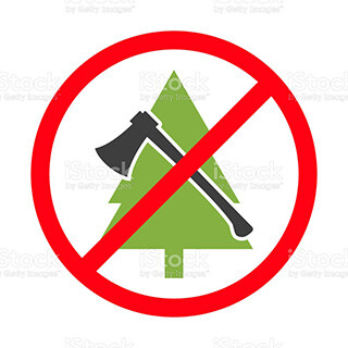 Prohibited sign of trees and using axe. Prohibition of cutting down Christmas tree.